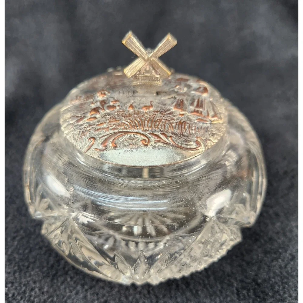 Antique Victorian Cut Glass Vanity Powder Jar Repousse Floral Trinket Box